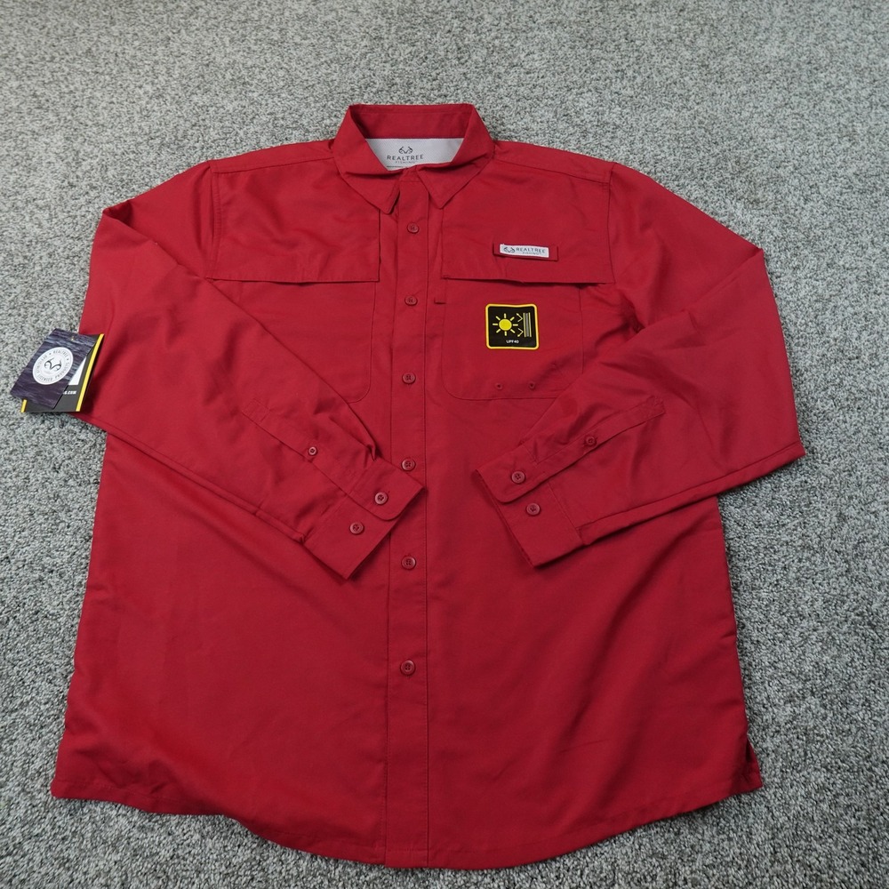 NEW Realtree Shirt Mens L Red Fishing Long Sleeve Button Up UPF 40 Performance